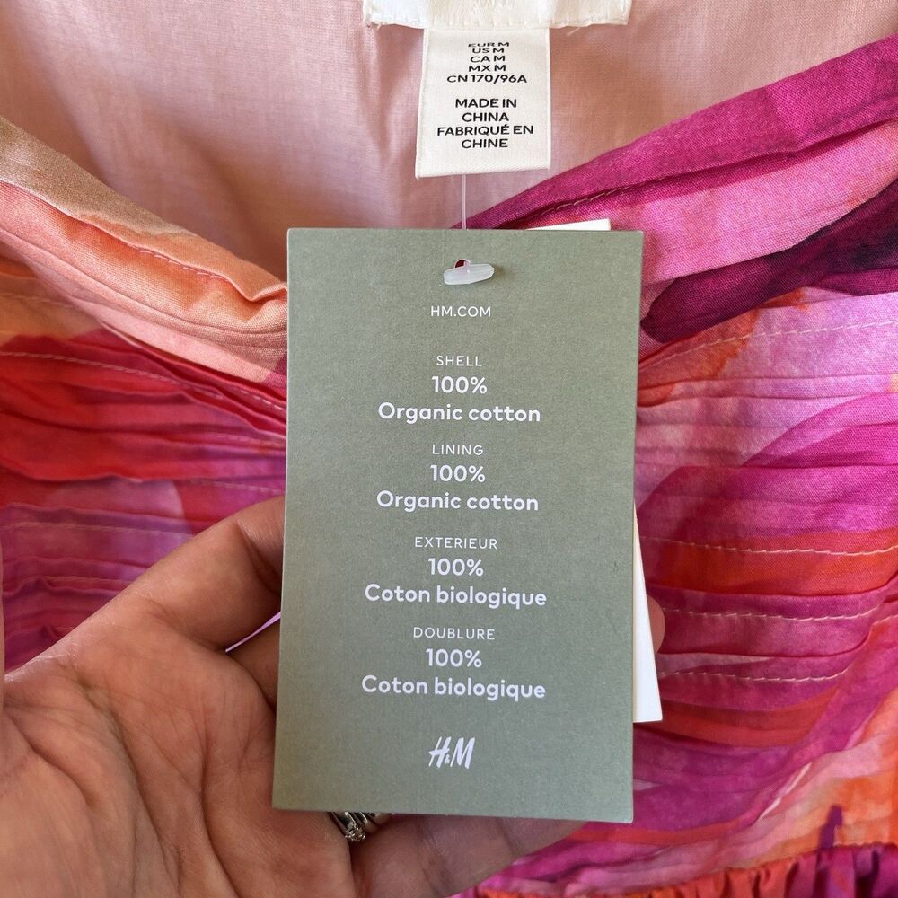 H&M Leaf Print Babydoll Mini Dress Pink Multi 100% Organic Cotton Medium NWT’s - Picture 11 of 16